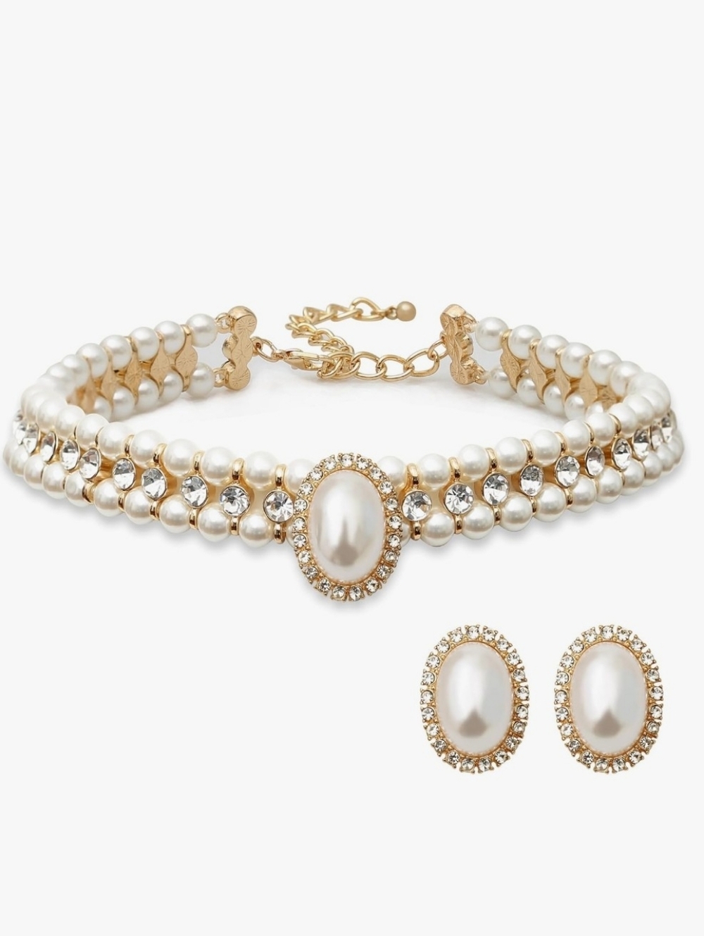 Gold-Tone Pearl & Crystal Choker Necklace with Matching Earrings